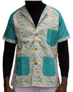 CHAQUETA PIJAMA DE TRABAJO ABIERTO, CUELLO REDONDO, MANGA CORTA, UNISEX. -  ESTAMPADO